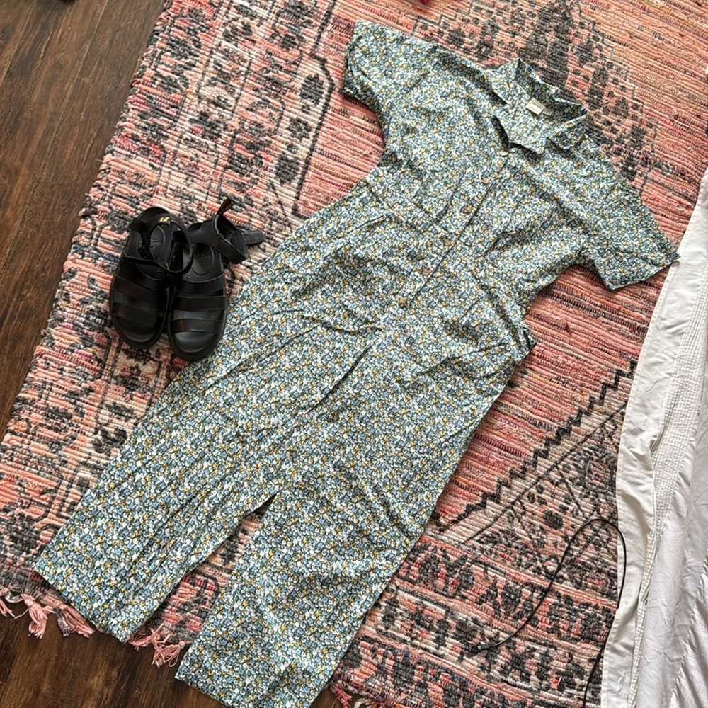 Joanie Anneka Ditsy Floral Print Cotton Boilersuit - Blue